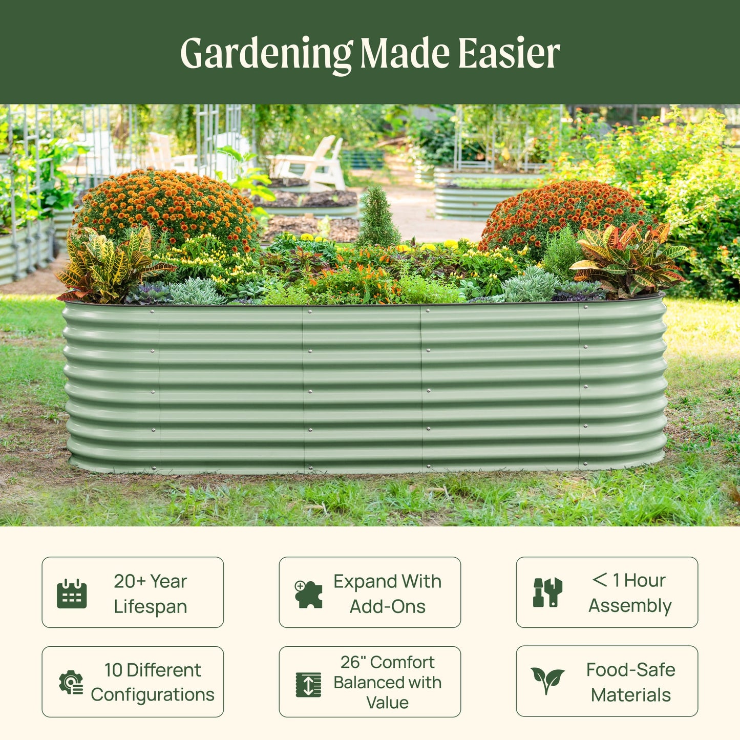 26" Tall 10 In 1 Jumbo Modular Metal Raised Garden Bed Kit