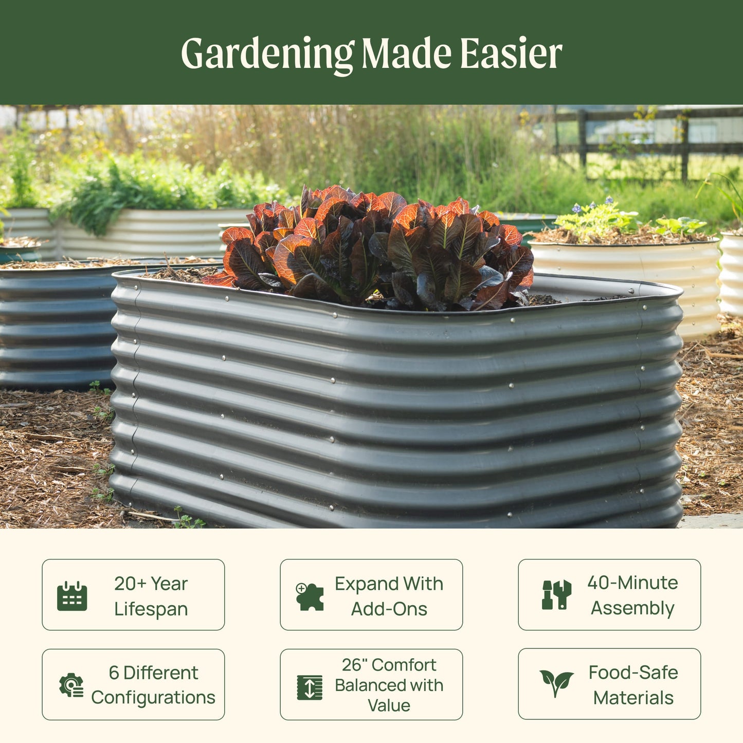 26" Tall 6 In 1 Medium Modular Metal Raised Garden Bed Kit